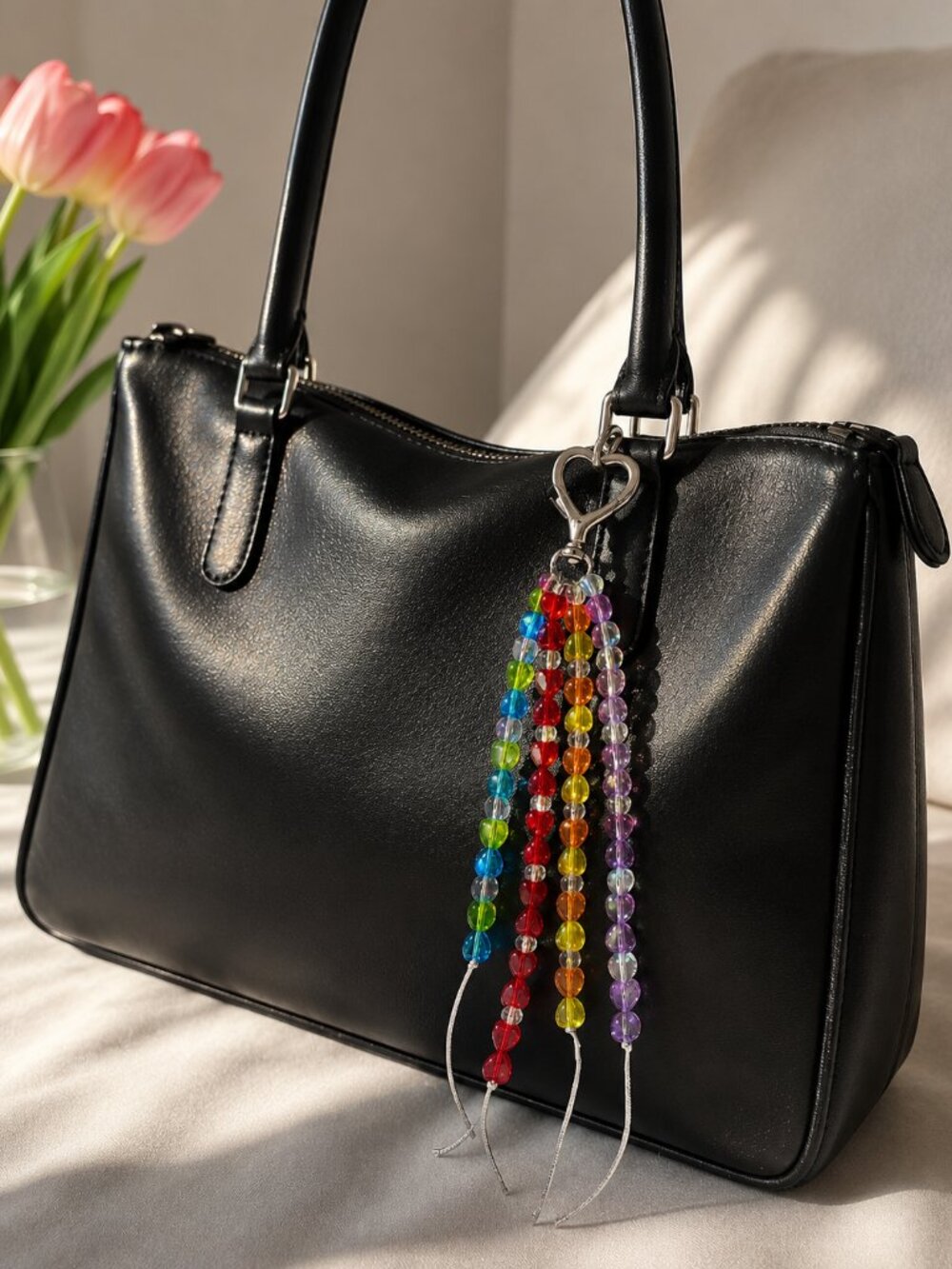 Rainbow Heart Beaded Bag Charm –